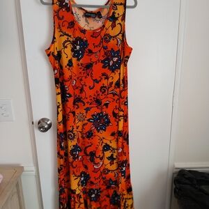 Orange and Blue Floral Sleeveless Sun Dress